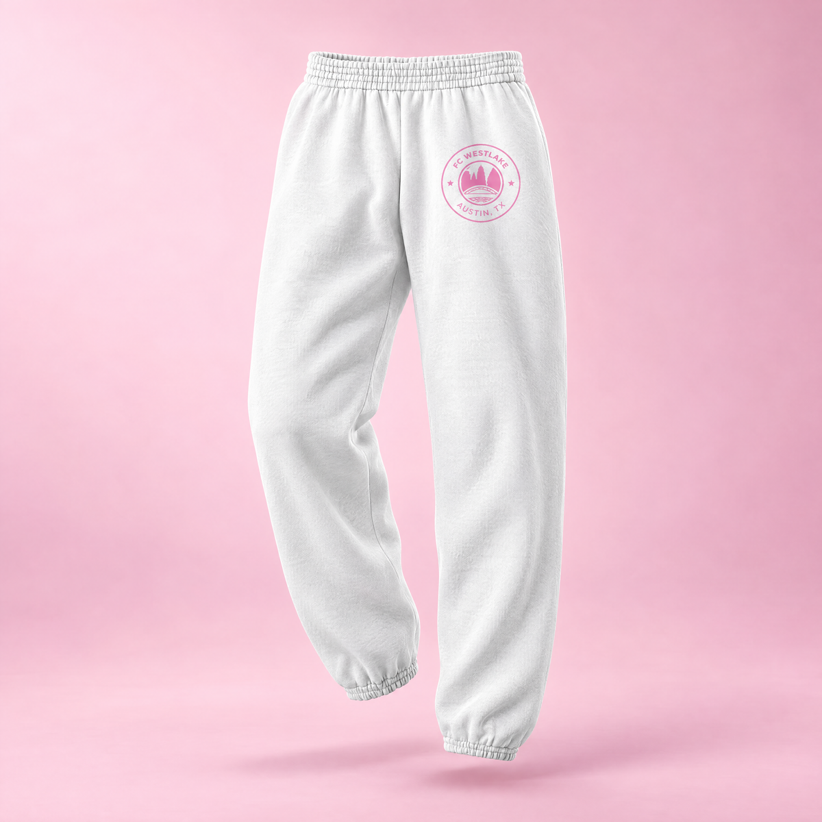 FC Westlake white sweatpants with pink crest, front view