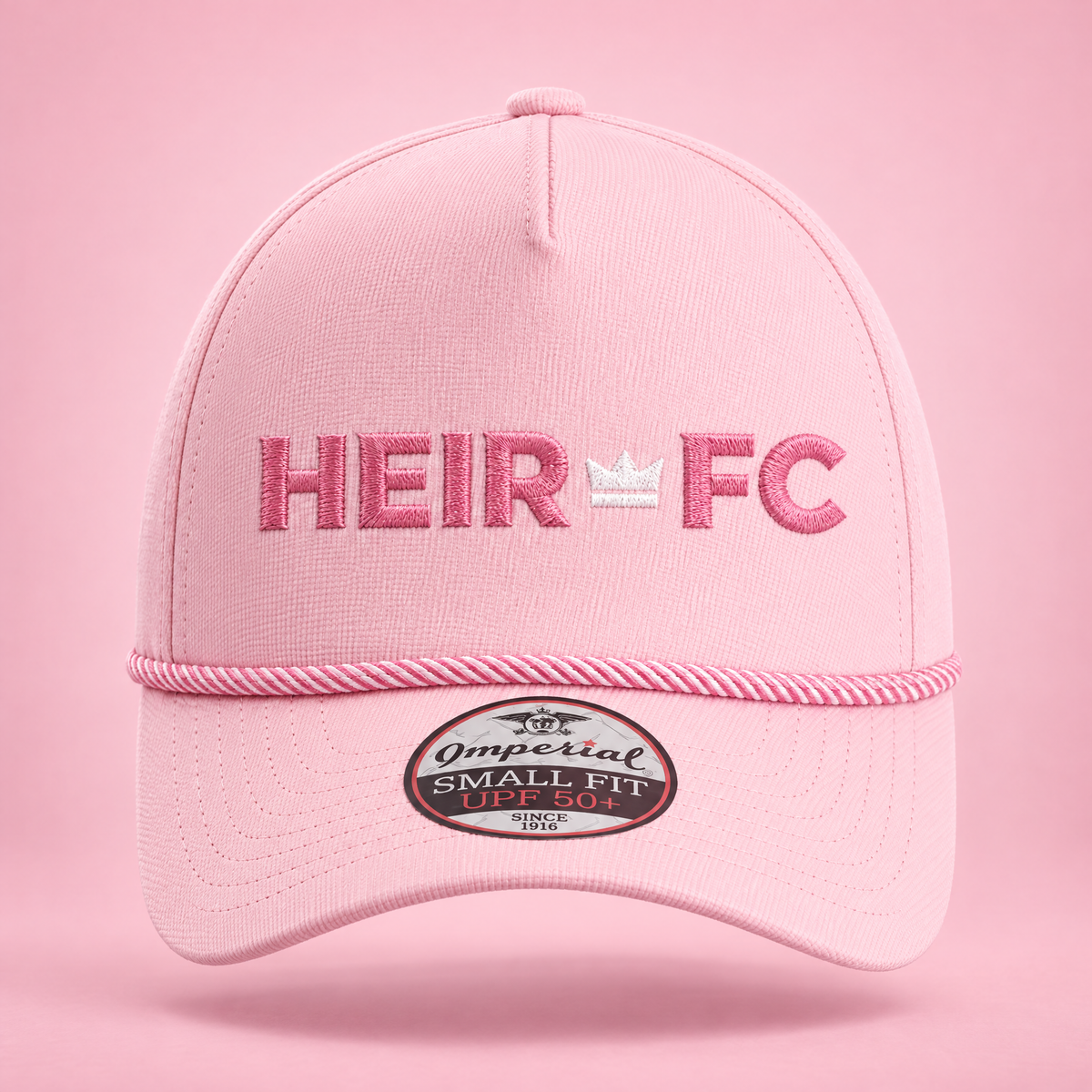 Heir FC pink rope cap with tonal crown logo, front view