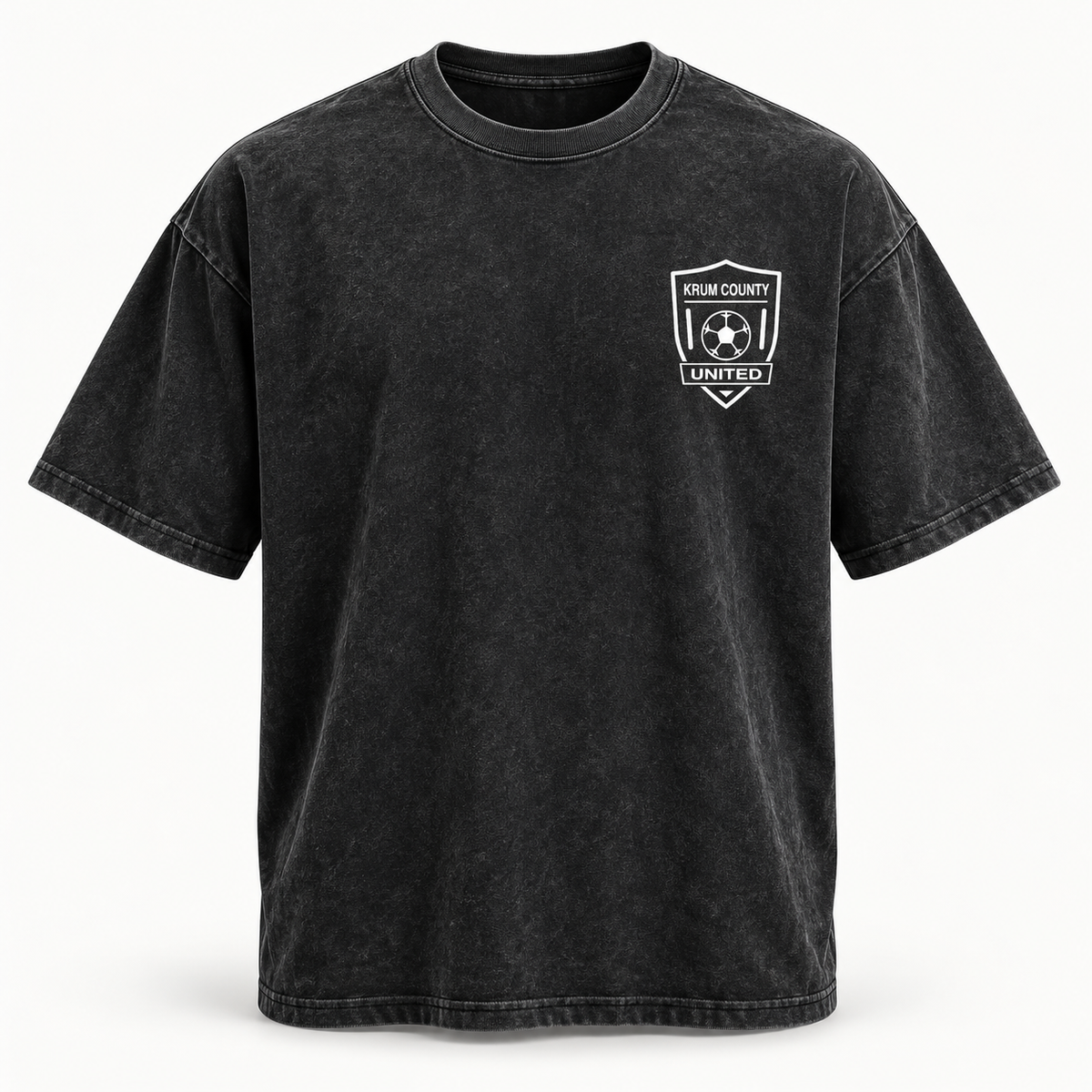 Washed black Krum County United oversized tee with a small white crest on the left chest.