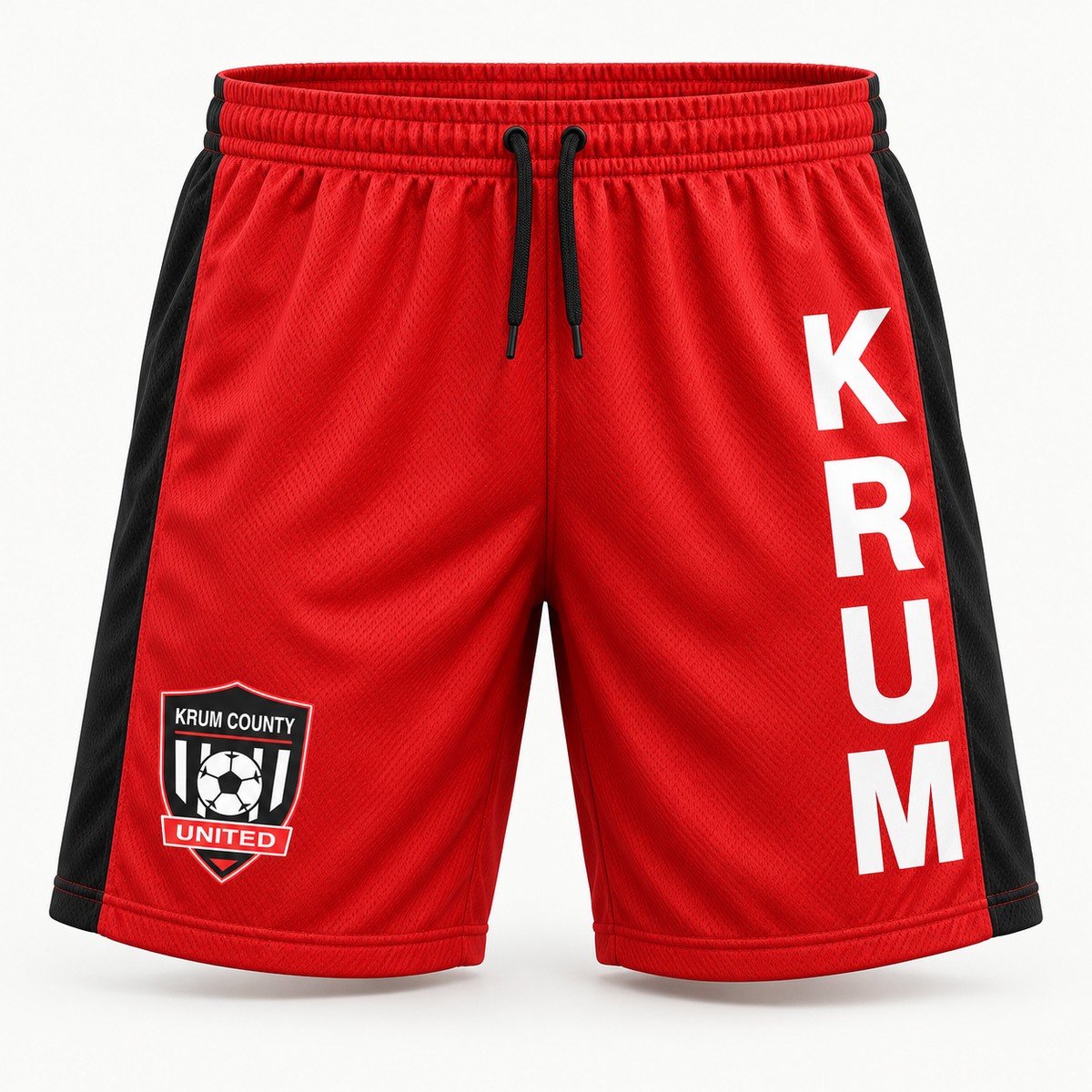Red mesh Krum County United shorts with vertical white KRUM lettering and an opposite-leg crest.