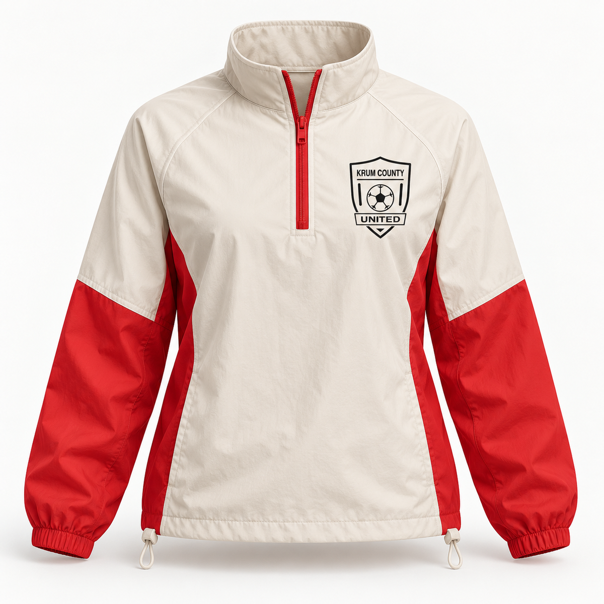 Cream and red Krum County United half-zip windbreaker with a black left-chest crest.