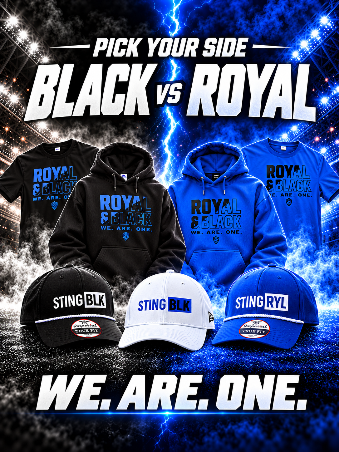 Sting Soccer Club Black vs Royal collection graphic featuring black and blue apparel
