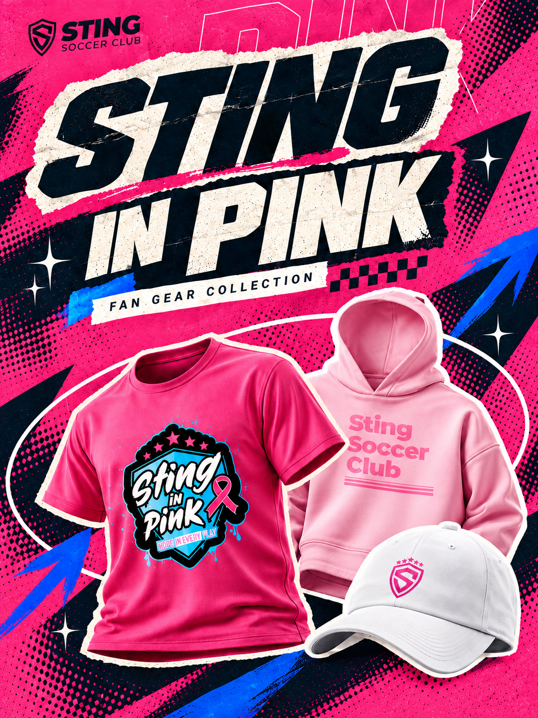 Sting Soccer Club Sting in Pink collection graphic featuring pink and white apparel