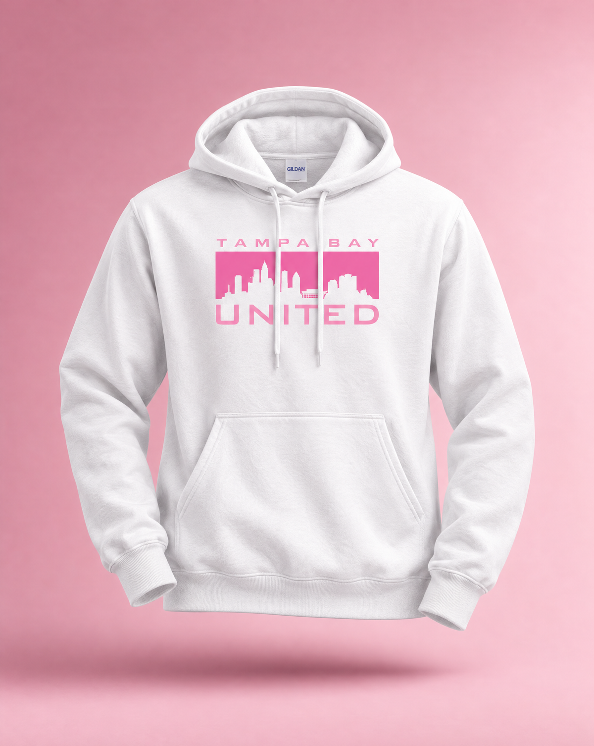 Tampa Bay United white cityscape hoodie with pink logo, front view