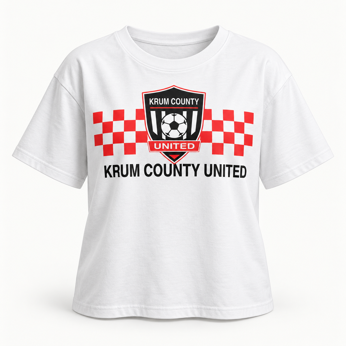 White boxy Krum County United tee with a red checker bar, club crest, and black club lettering.