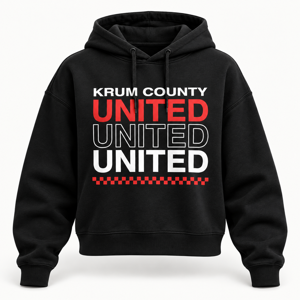 Black boxy Krum County United hoodie with three stacked UNITED rows and a red checker underline.